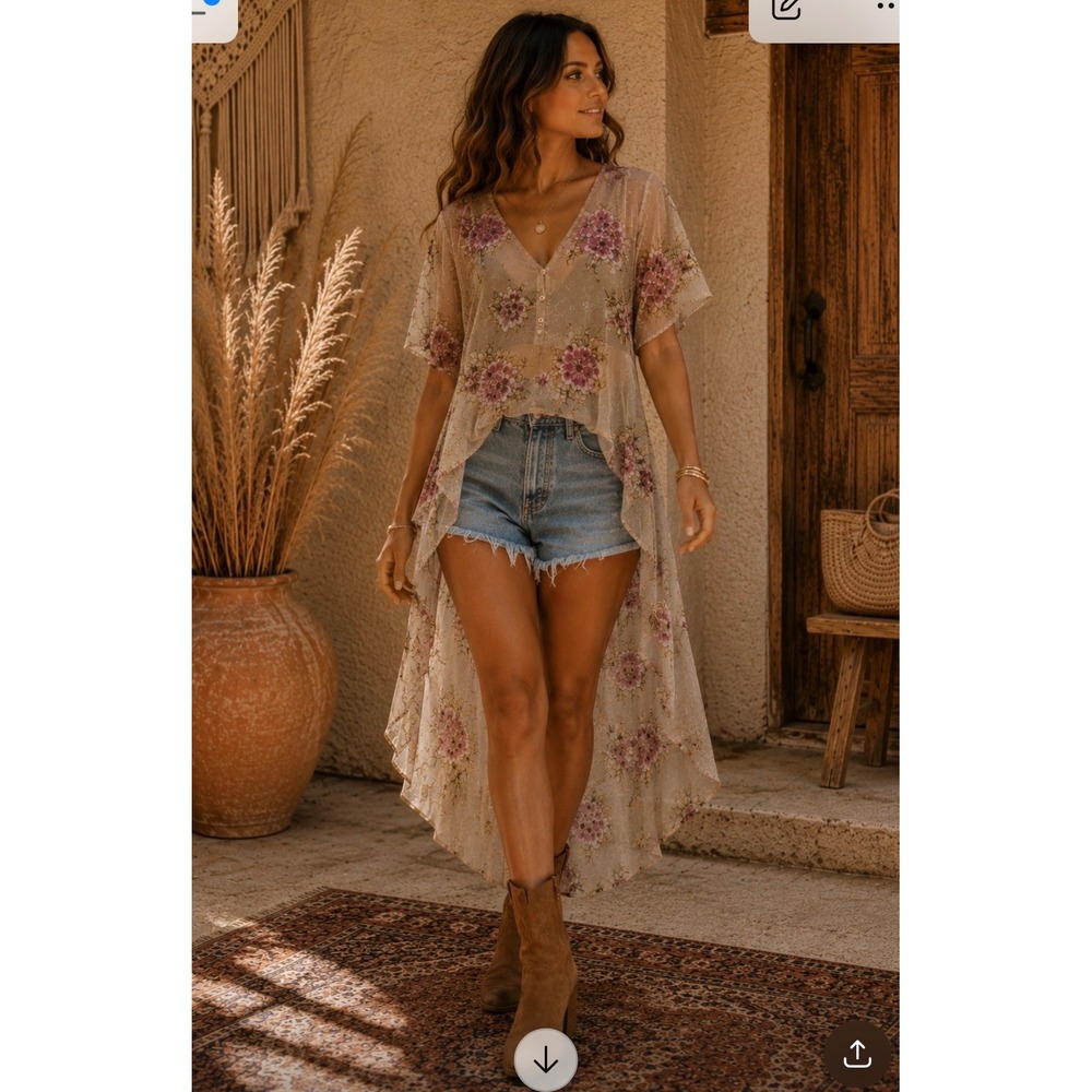 Thread Story Floral High Low Chiffon Tunic  Duster, Kimono women's Large